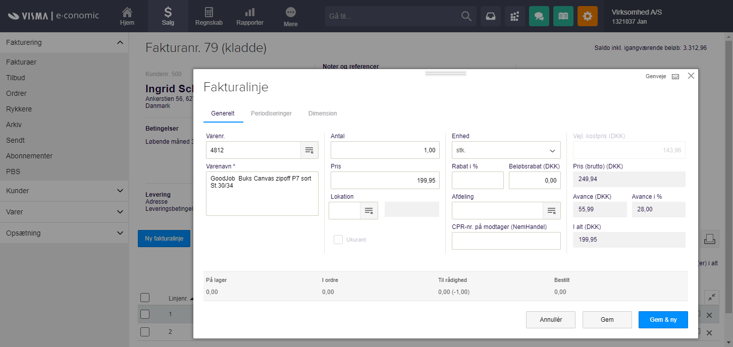 Viser dialogboksen Fakturalinje i fakturering – bruges til at tilføje en varelinje til en faktura.