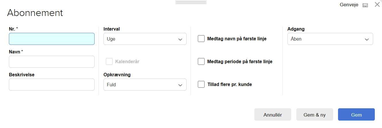 Viser dialogen til oprettelse af et abonnement i abonnementsmodulet – bruges til at oprette og konfigurere et nyt abonnement.