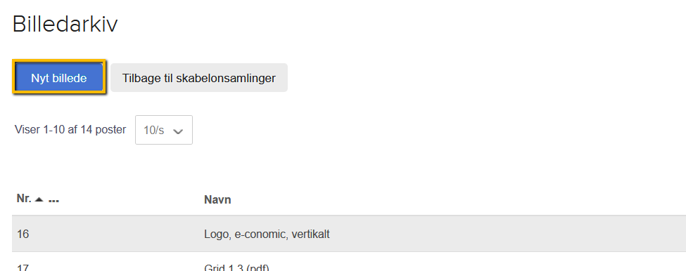 Viser knappen 'Nyt billede' i Billedarkivet – bruges til at oprette og gemme et nyt billede.