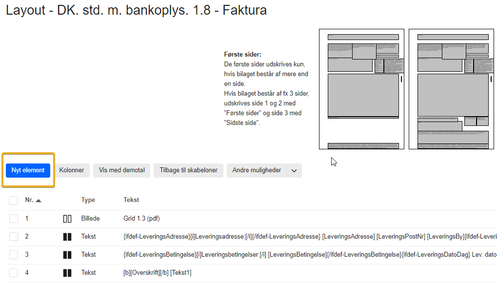 Viser knappen 'Nyt element' i fakturalayout – bruges til at indsætte et nyt element som fx en QR-kode på en fakturaskabelon.