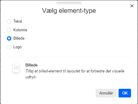 Viser valg af elementtypen 'Billede' i layout-editoren for skabelonsamlinger – bruges til at indsætte et billede, som f.eks. en QR-kode, på en fakturaskabelon.