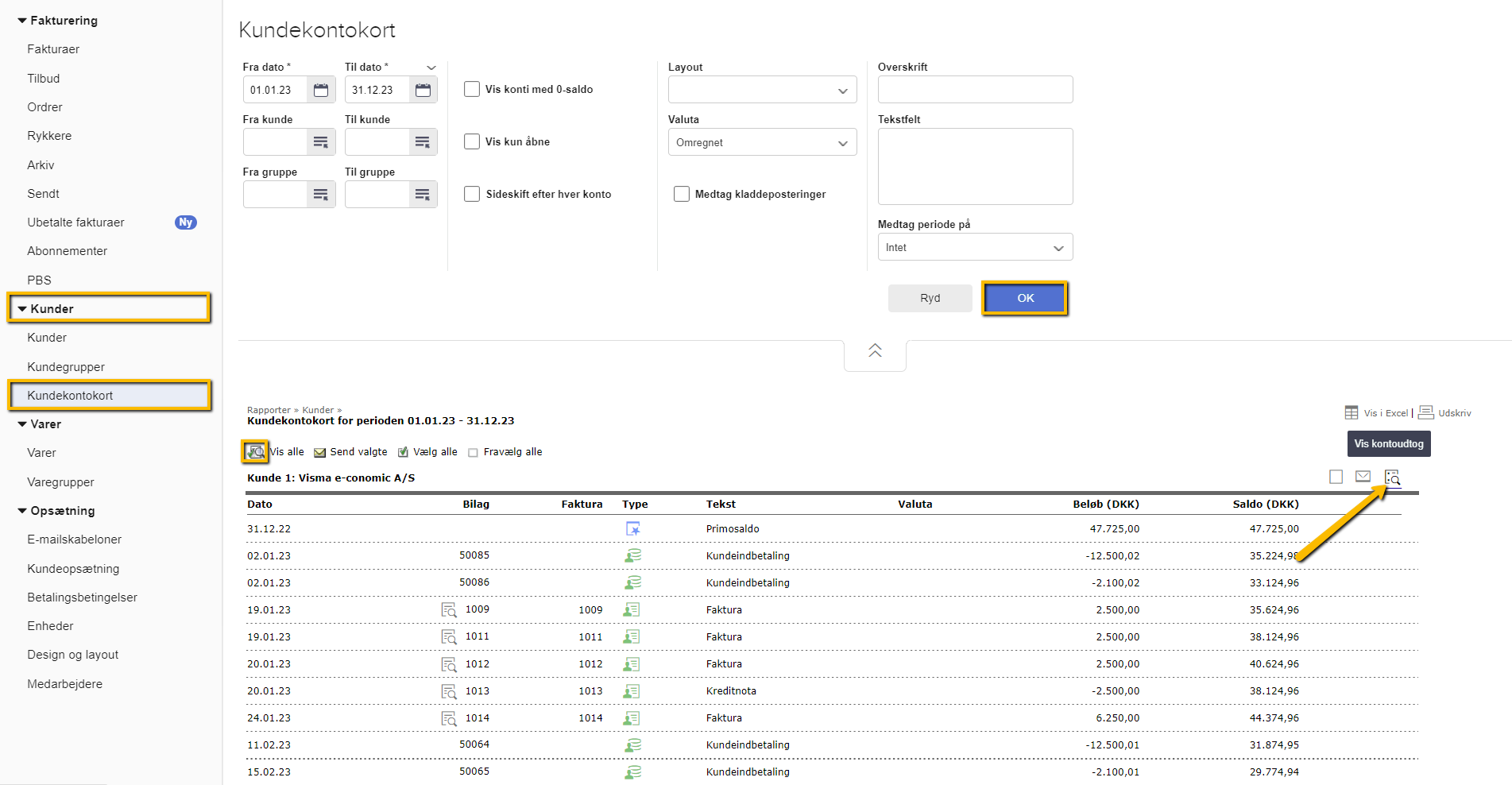 Viser 'Vis kontoudtog'-knappen i kundekontokortet – bruges til at åbne en enkelt kundes kontoudtog i et nyt vindue.