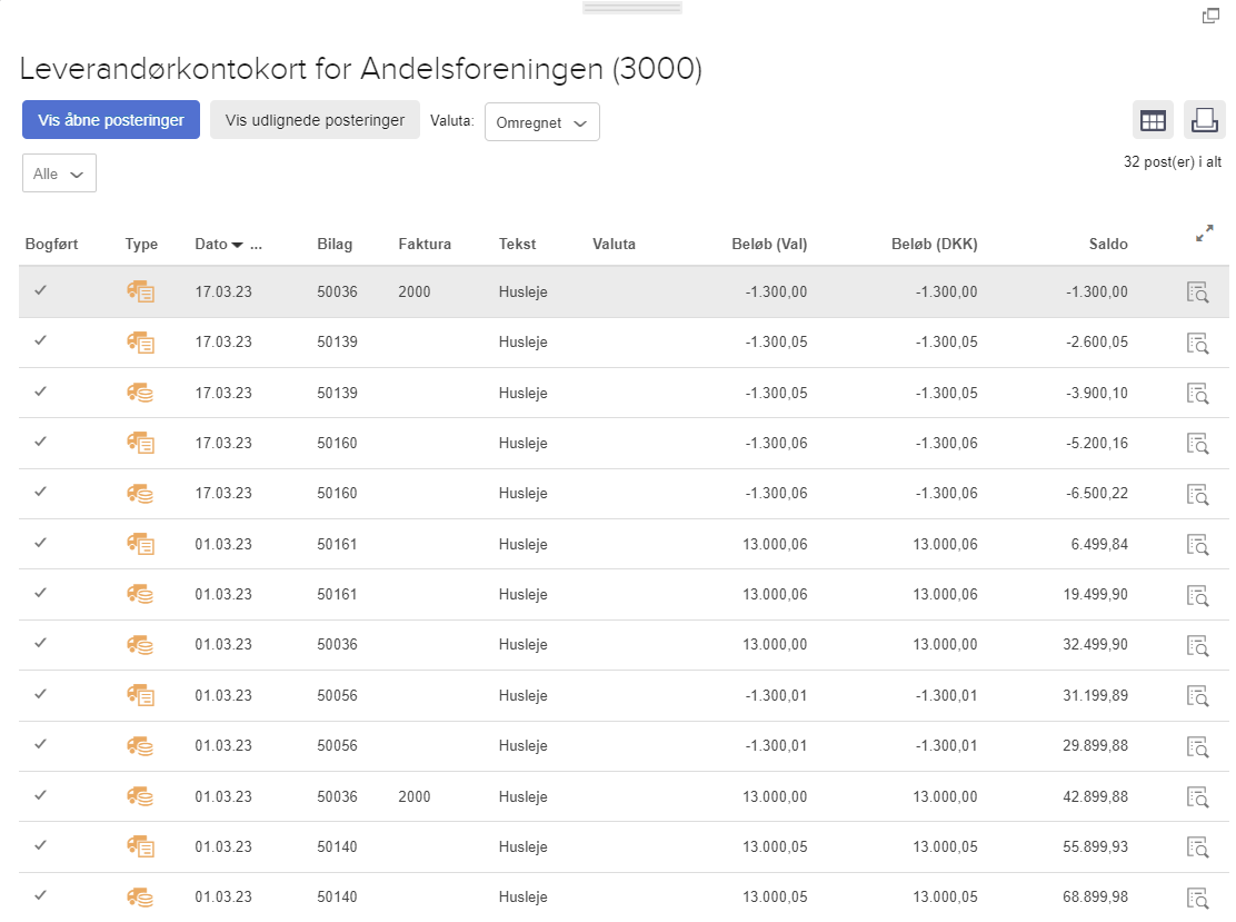 Viser leverandørkontokortet i Regnskab – bruges til at åbne posteringerne i et nyt vindue.