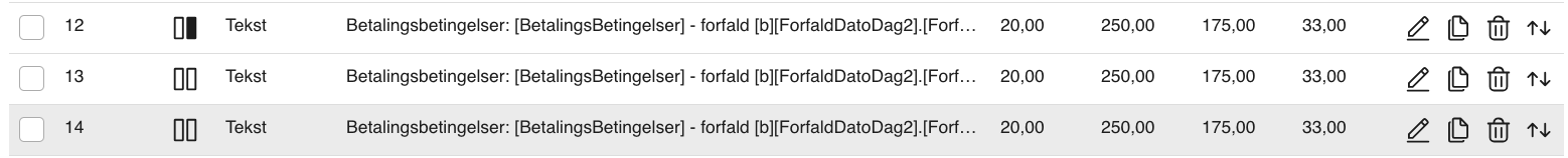 Viser tekstlinje med betalingsbetingelser i Skabelonsamling – bruges til at redigere indholdet og tilføje IBAN/SWIFT.