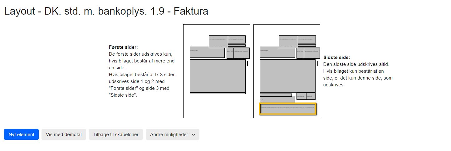 Viser det fremhævede element til bankoplysninger i fakturaskabelonens layout – bruges til at identificere, hvor OCR-linjen skal indsættes.