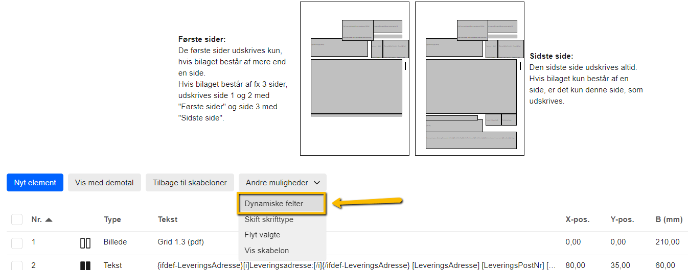 Viser menupunktet 'Dynamiske felter' i skabelonlayoutet – bruges til at åbne listen med koder, hvor OCR-linjen kan kopieres fra.
