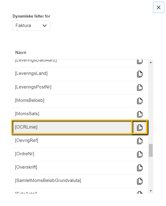 Viser det dynamiske felt [OCRLinie] i listen over dynamiske felter – bruges til at kopiere feltkoden til en fakturaskabelon.