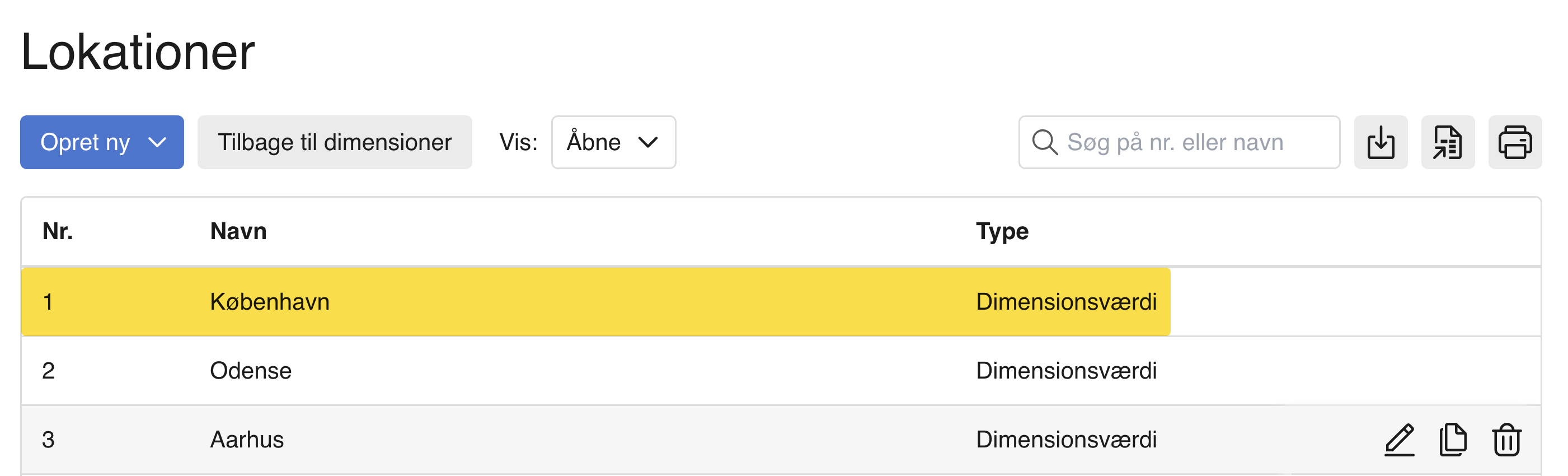 Viser en liste med dimensionsværdier for 'Lokation' i Dimensioner – bruges til at fordele indtægter og omkostninger på specifikke butikker.