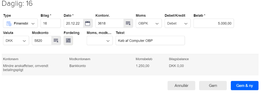 Viser en postering for et køb i Kassekladden – bruges til at tilføje momskoden for omvendt betalingspligt.