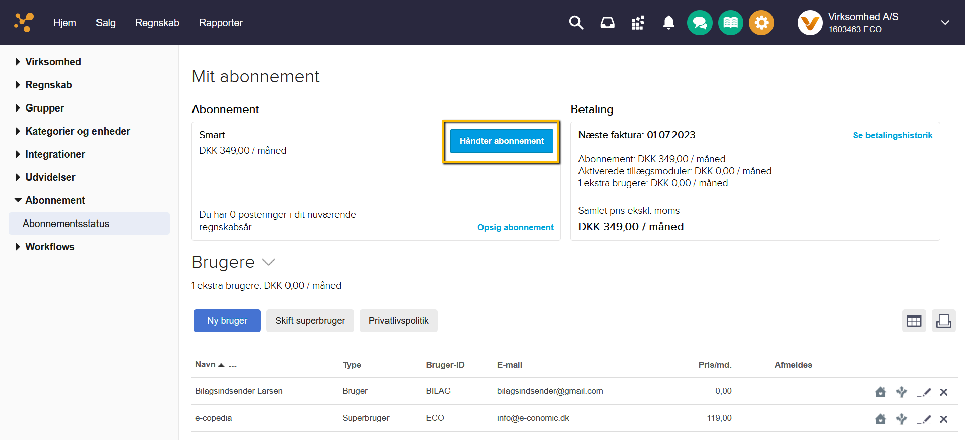 Viser knappen "Håndter abonnement" i Abonnementsstatus – bruges til at vælge en ny abonnementspakke.