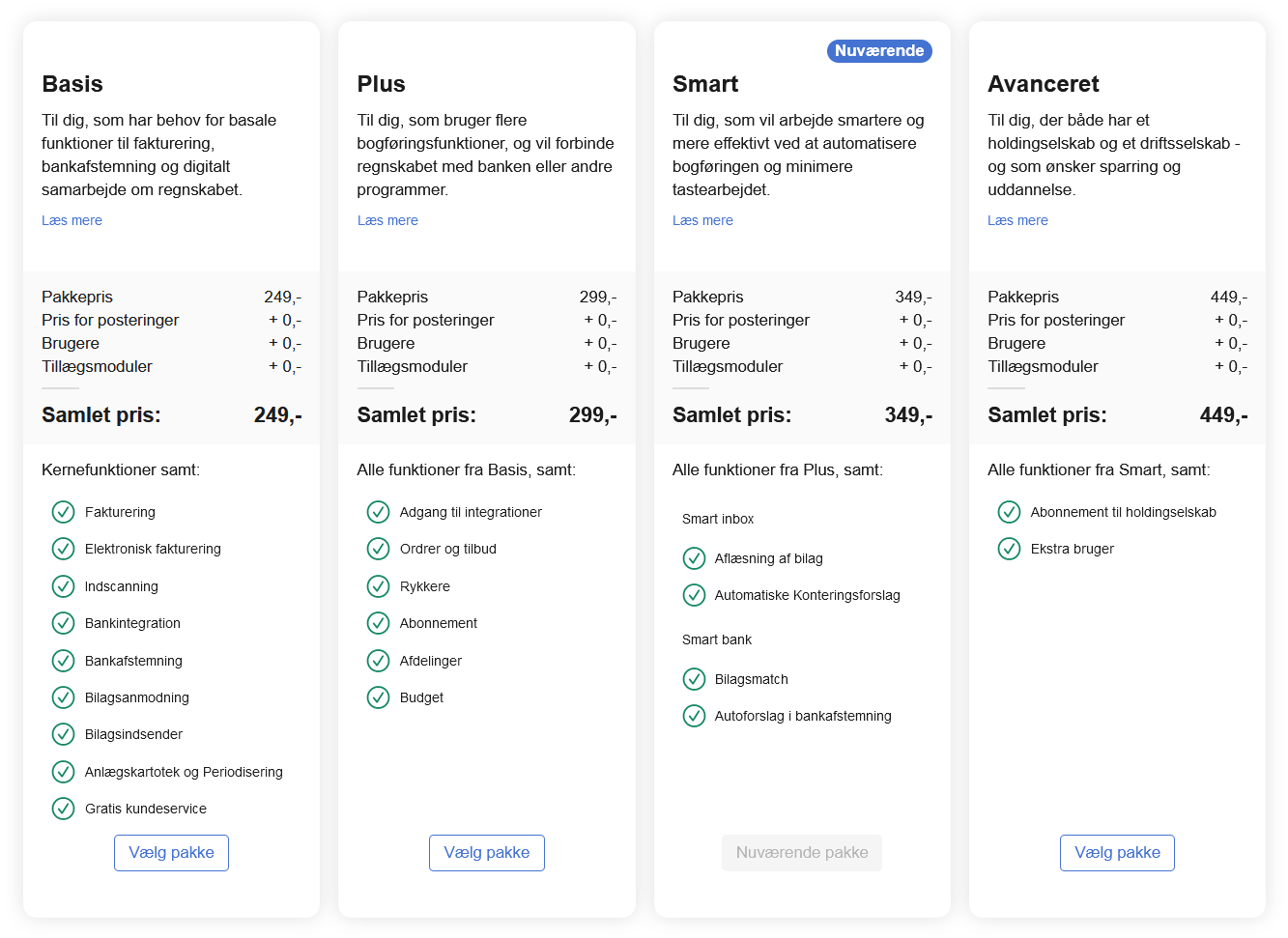 Viser oversigten over abonnementspakker i abonnementsindstillingerne – bruges til at sammenligne og vælge en ny abonnementspakke.