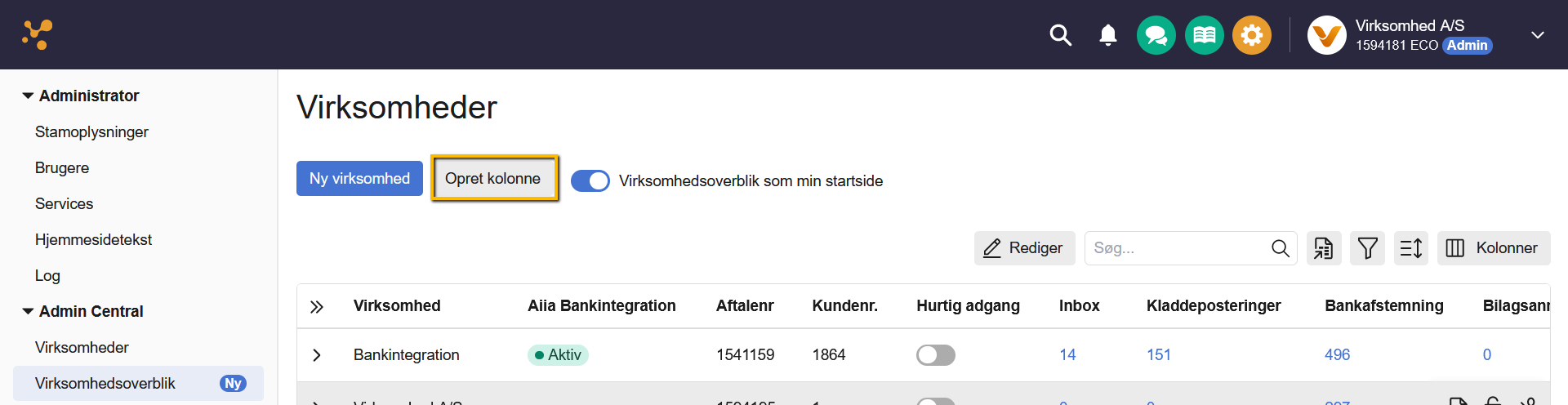 Viser knappen 'Opret kolonne' i Virksomhedsoverblikket – bruges til at oprette en ny, brugerdefineret kolonne i listen.