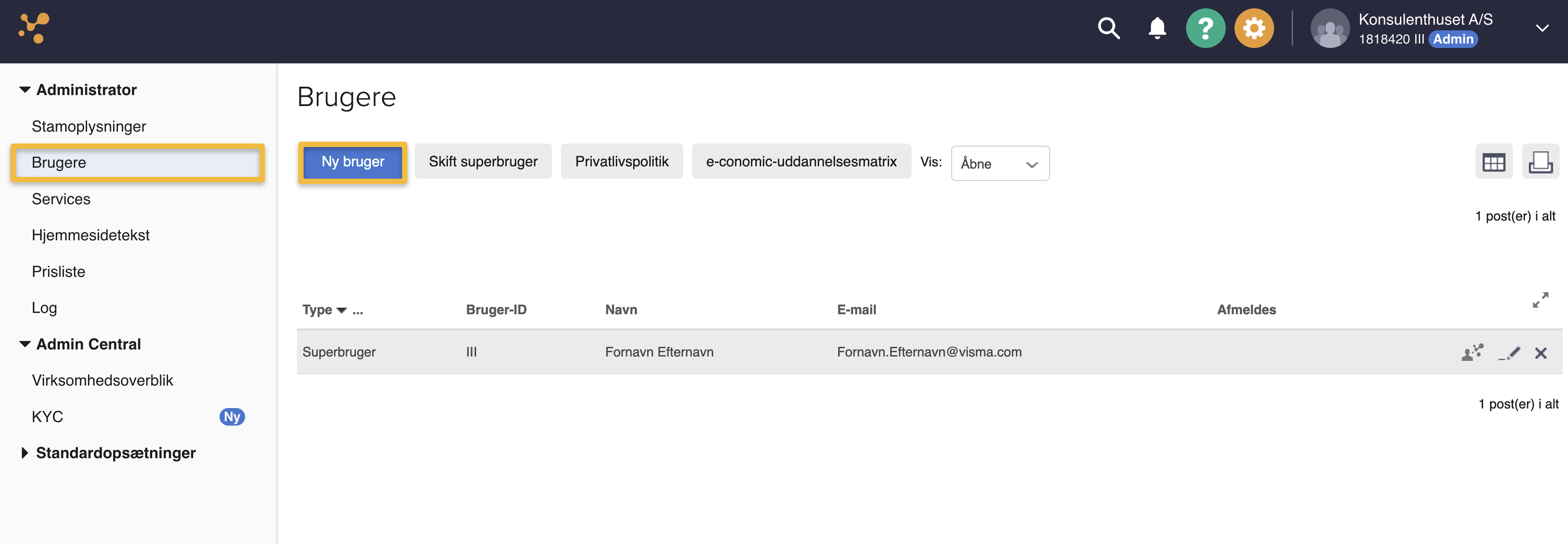 Viser knappen "Ny bruger" i brugeroversigten under Administrator – bruges til at oprette en ny bruger.