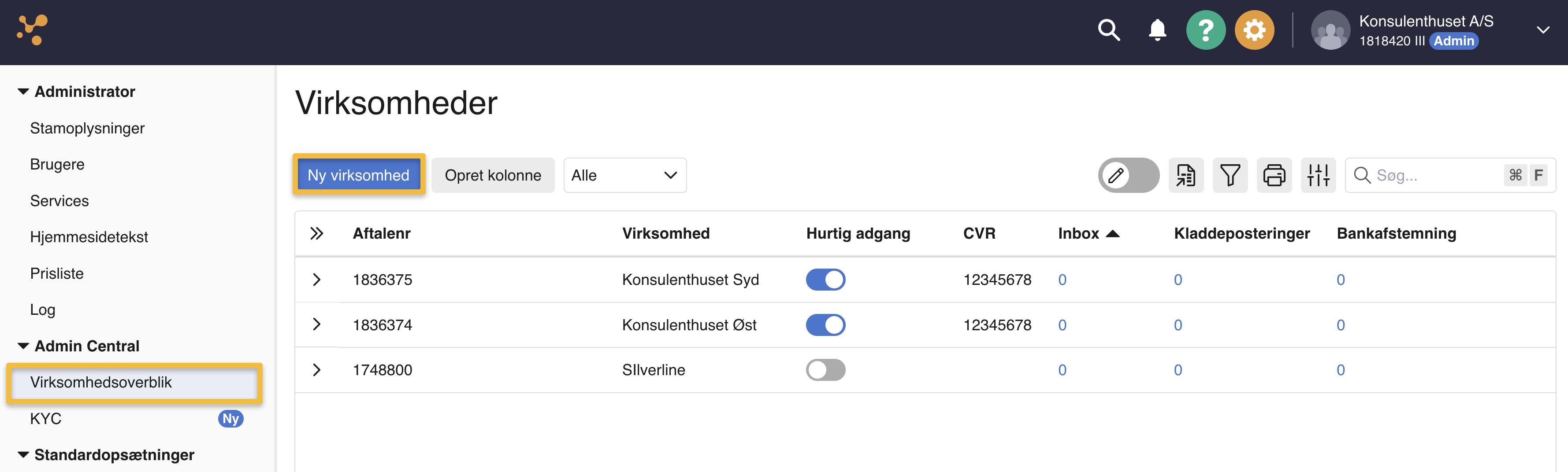 Viser knappen 'Ny virksomhed' i Virksomhedsoverblik – bruges til at oprette en ny virksomhed.