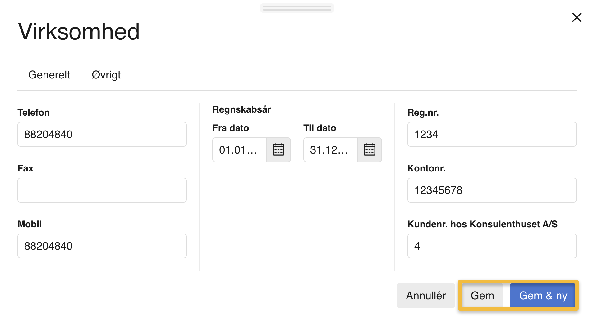 Viser felterne under fanen 'Øvrigt' i vinduet 'Virksomhed' – bruges til at indtaste de sidste oplysninger for den nye aftale og gemme.