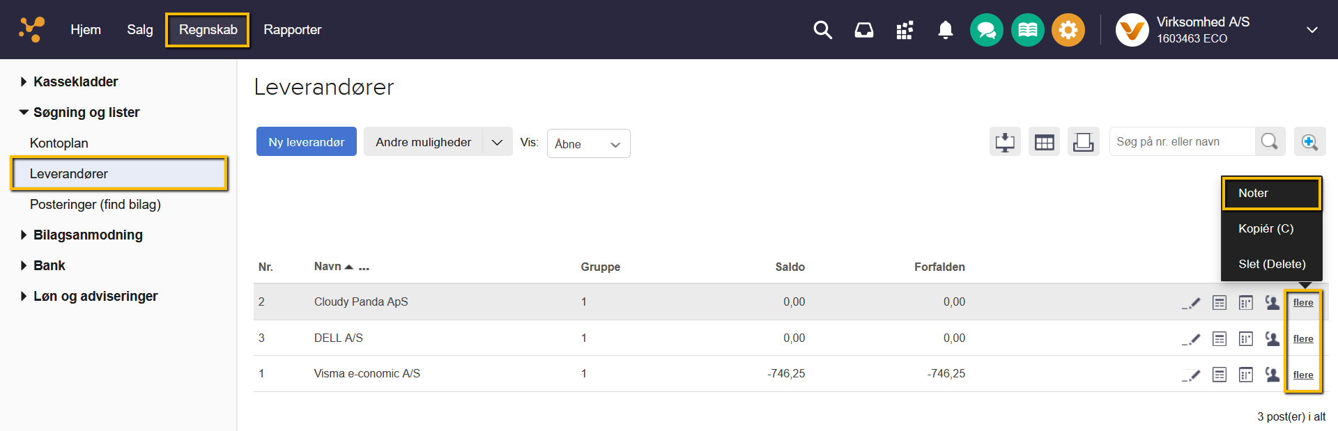 Viser valgmuligheden 'Noter' i 'flere'-menuen på leverandørlisten – bruges til at tilgå en leverandørs noter.