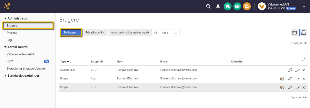 Viser menupunktet 'Brugere' og knappen 'Ny bruger' i Administrator-fanen – bruges til at oprette en ny bruger.