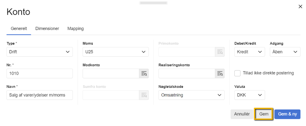 Viser oprettelse af en ny konto i Kontoplanen – bruges til at definere og gemme en ny konto i regnskabet.