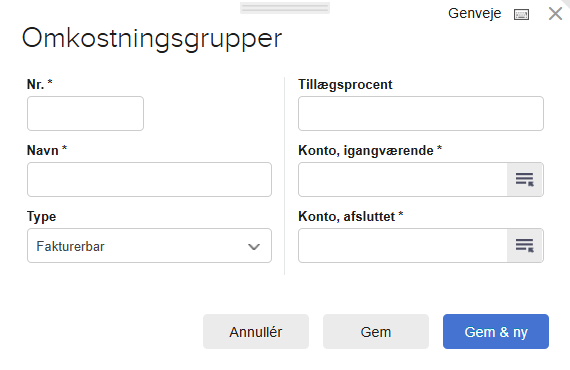 Viser formular til oprettelse af omkostningsgruppe i projektmodul – bruges til at angive navn, konti og type for gruppering af omkostninger