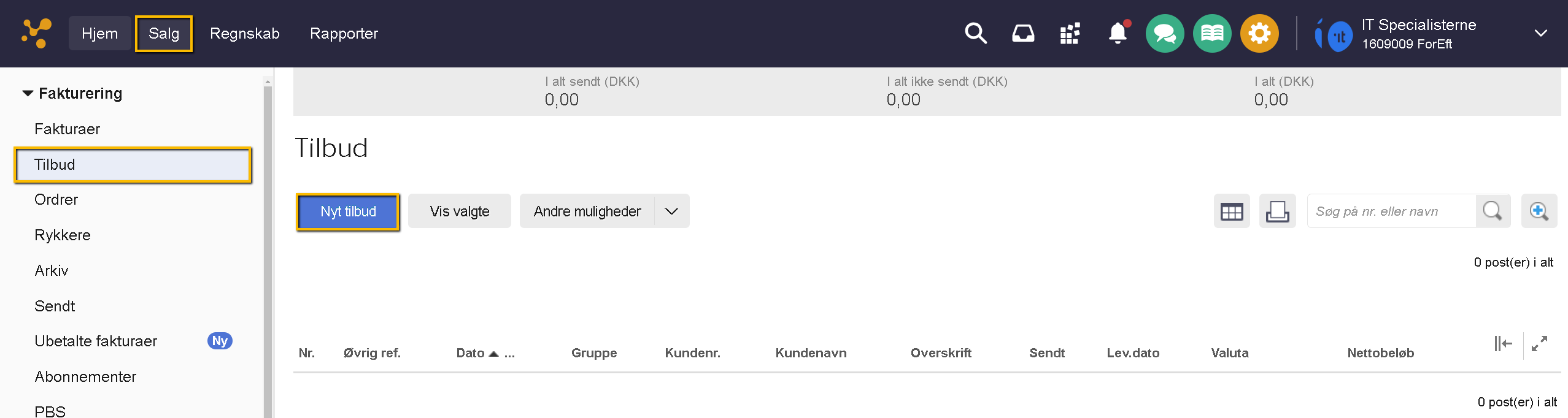 Viser tilbudsoversigten i Salgsmodulet – bruges til at oprette et nyt tilbud.