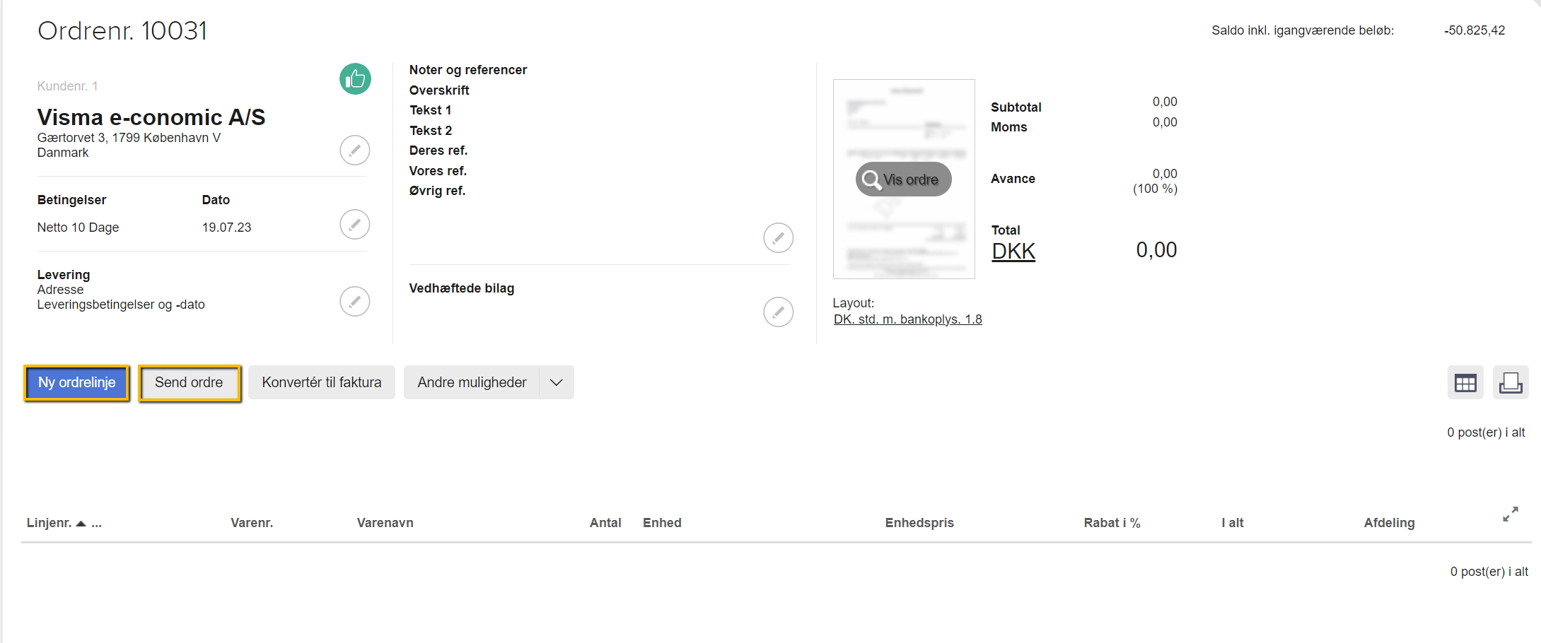Viser "Send ordre"-knappen i en ordrekladde – bruges til at sende den færdige ordre til kunden.