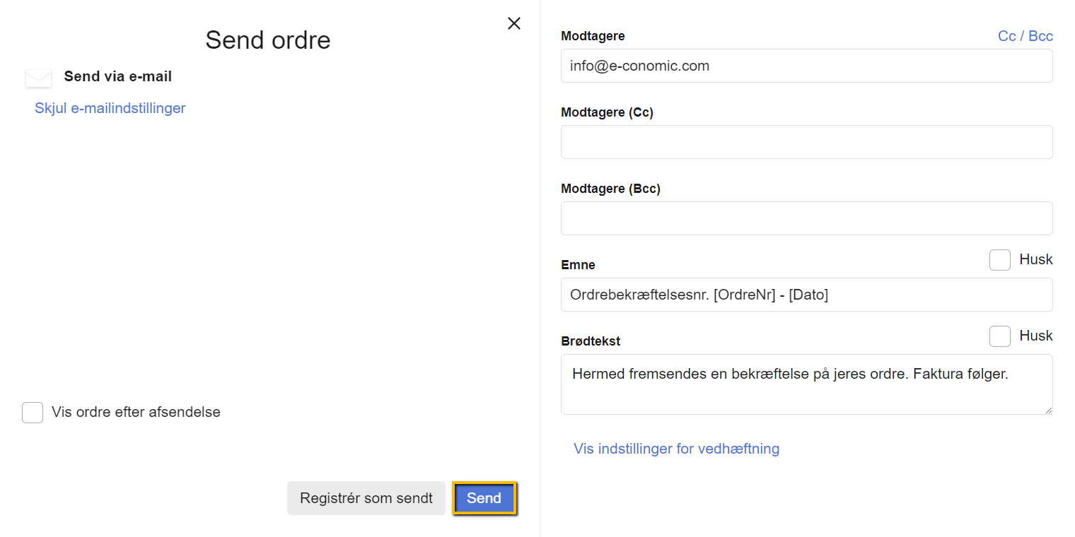 Viser Send ordre-dialogen i ordremodulet – bruges til at sende en ordrebekræftelse til kunden via e-mail.