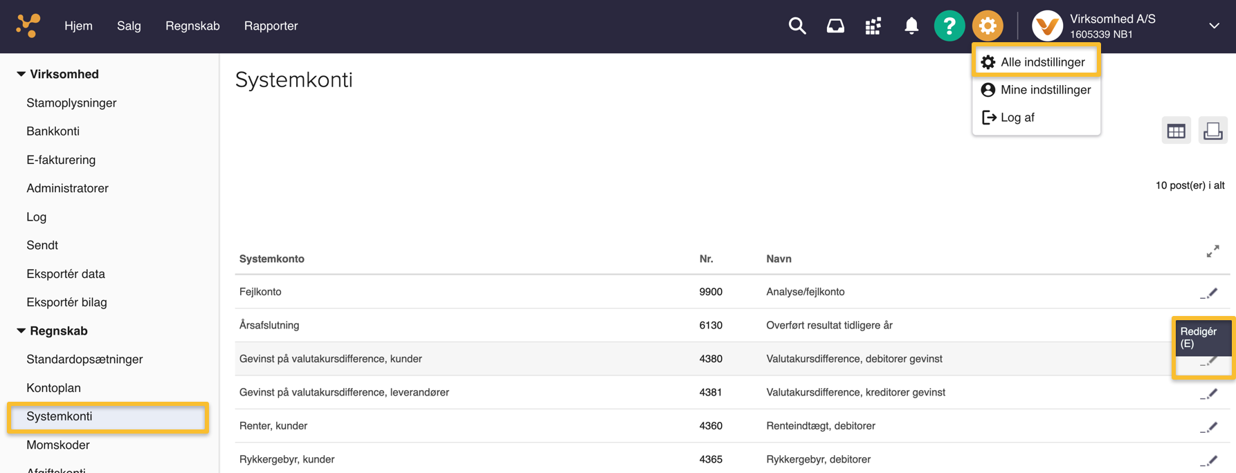Viser redigering af en systemkonto i Alle indstillinger – bruges til at tilknytte et kontonummer til en valutakursdifferencekonto.