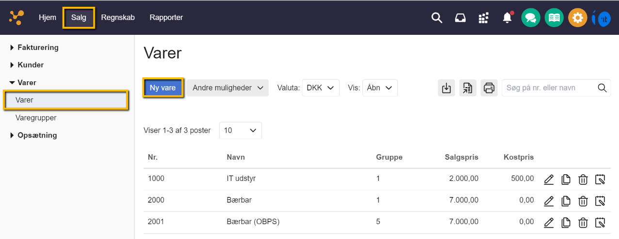 Viser knappen 'Ny vare' i varekartoteket – bruges til at oprette en ny vare eller ydelse.