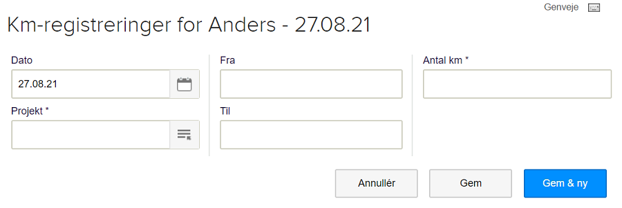 Viser vinduet 'Ny km-registrering' i Projekt-modulet – bruges til at oprette en ny registrering af kørte kilometer.