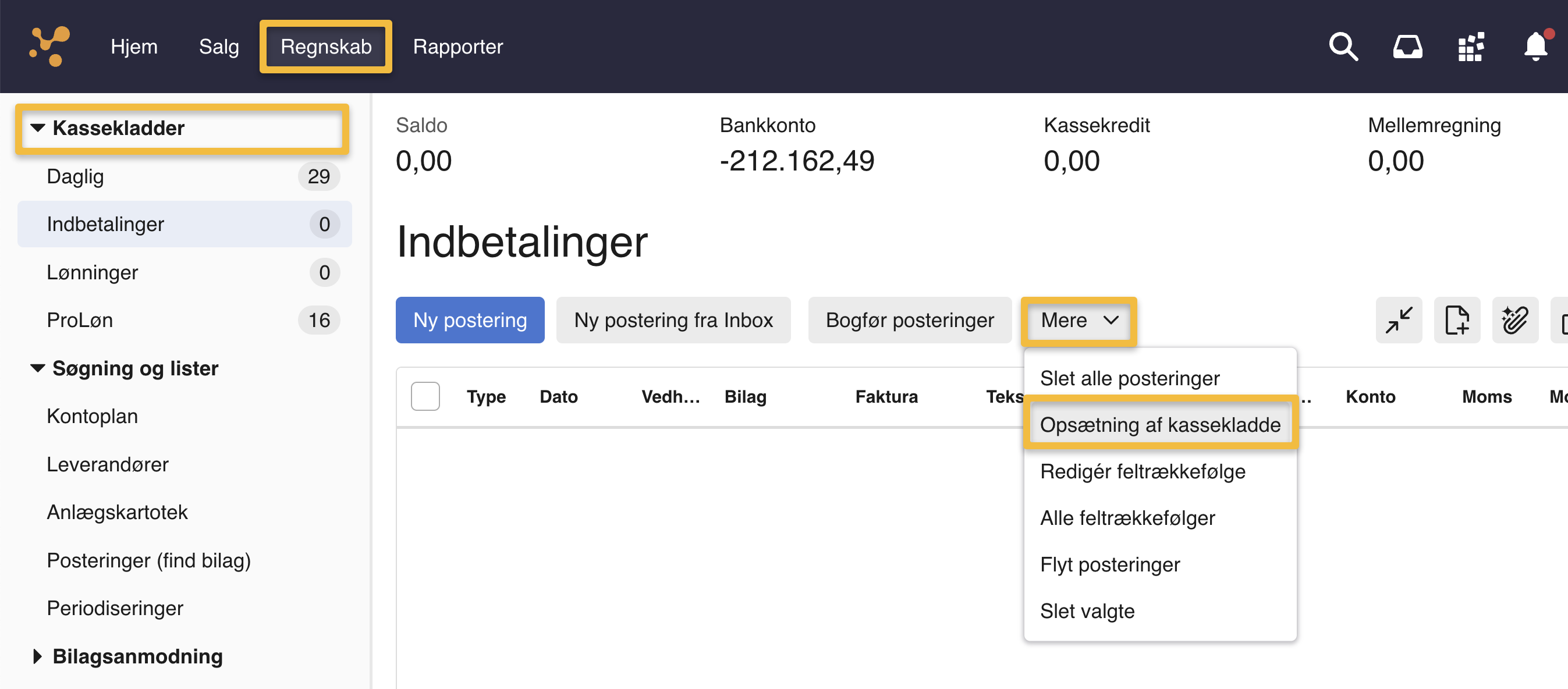 Viser knappen 'Opsætning af kassekladde' i 'Mere'-menuen i en kassekladde – bruges til at ændre i opsætningen af den valgte kassekladde.