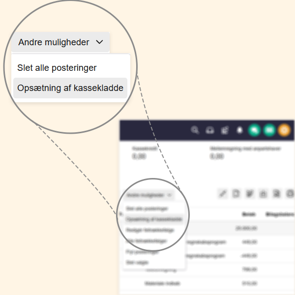 Viser menupunktet 'Opsætning af kassekladde' under 'Andre muligheder' i kassekladden – bruges til at åbne indstillingerne for kassekladden.