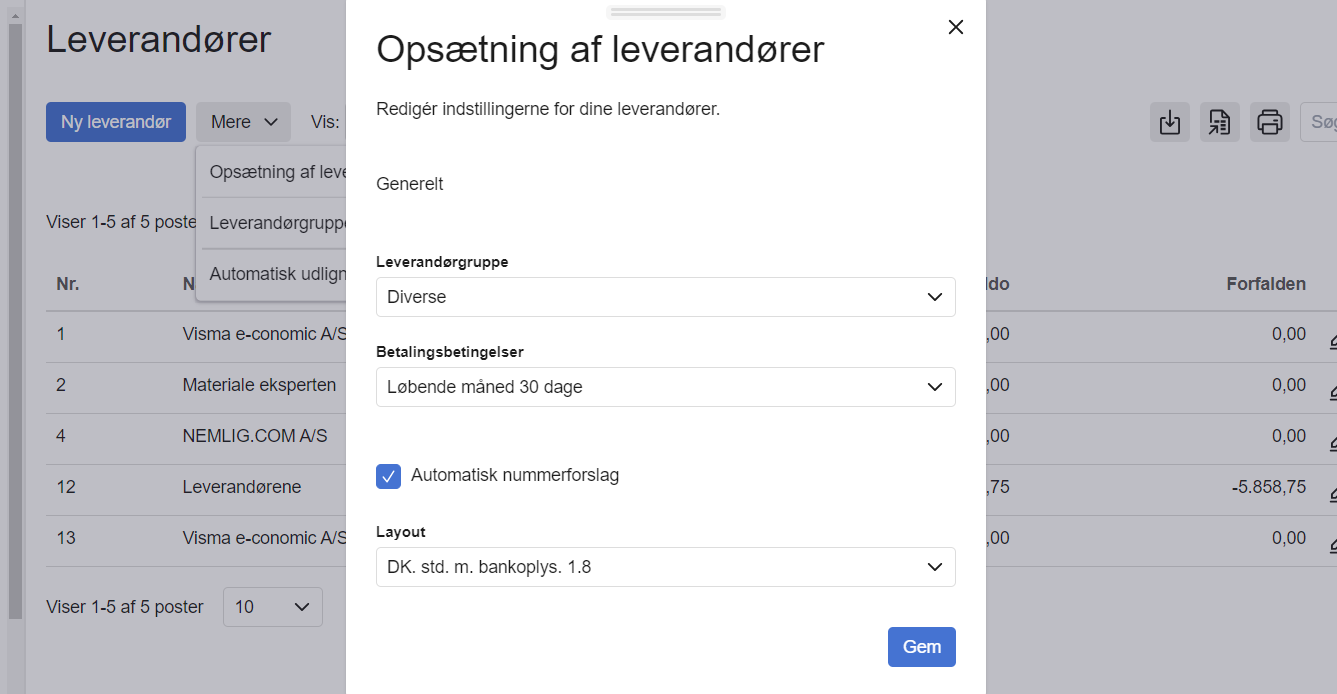 Viser vinduet 'Opsætning af leverandører' i leverandørkartoteket – bruges til at angive standardindstillinger for nye leverandører.