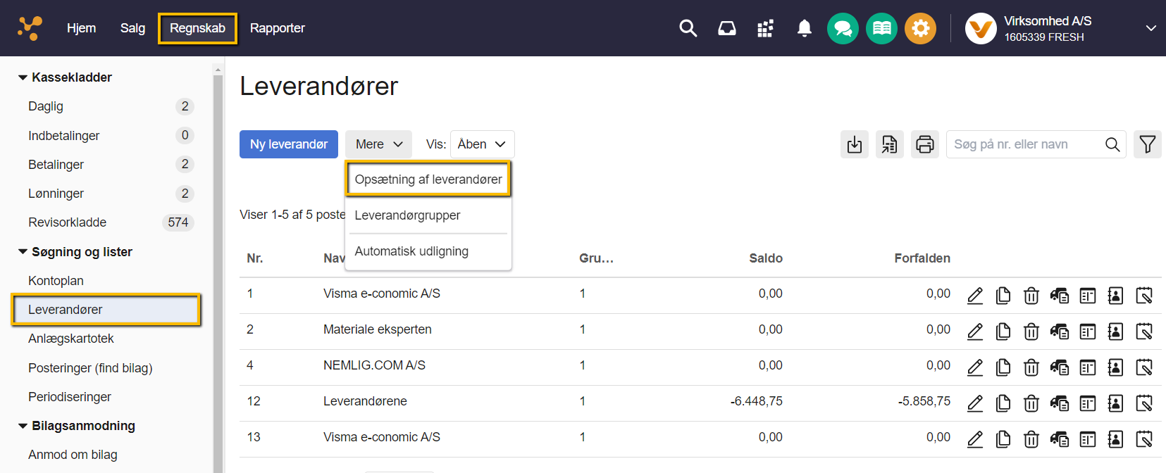 Viser menupunktet "Opsætning af leverandører" i leverandørkartoteket – bruges til at åbne indstillinger for standard leverandøropsætning.