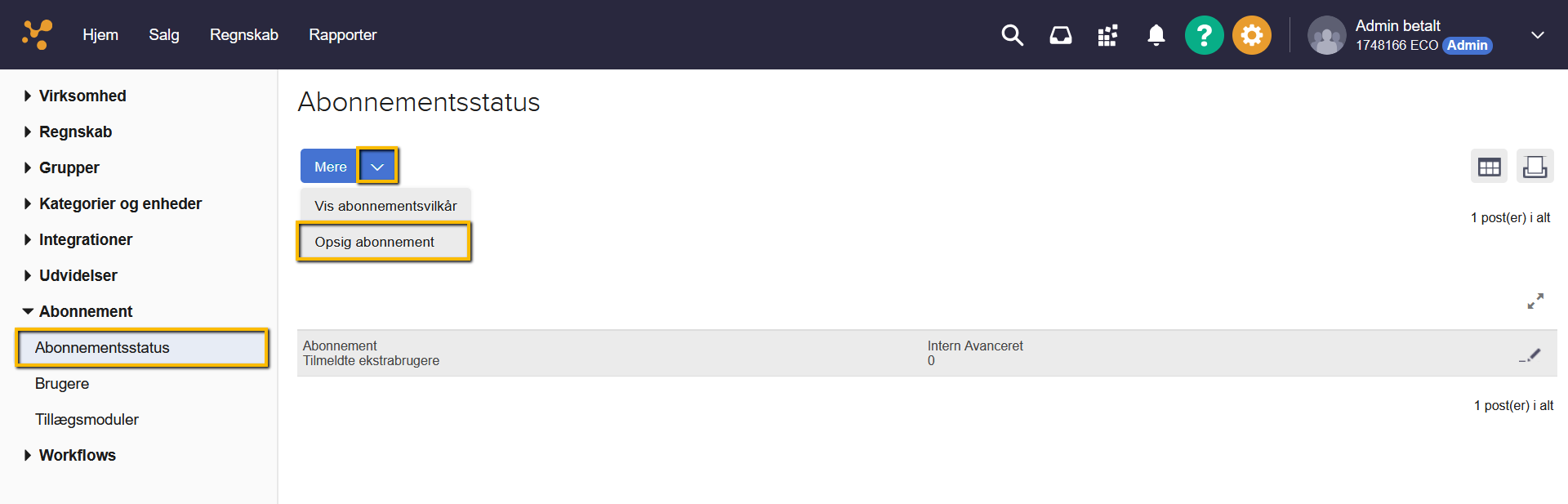 Viser knappen "Opsig abonnement" under "Mere" i Abonnementsstatus – bruges til at starte guiden til at opsige et abonnement.