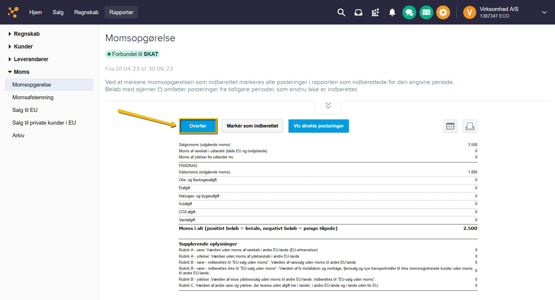 Viser knappen 'Overfør' i Momsopgørelsen – bruges til at overføre momsopgørelsen til SKAT.