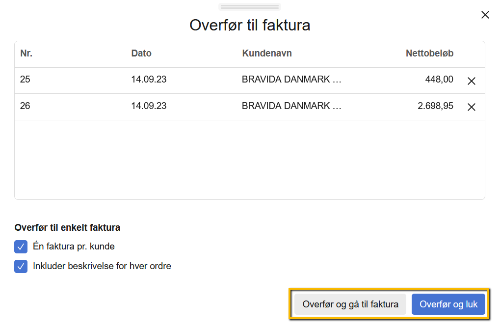 Viser dialogboksen 'Overfør til faktura' i ordreoversigten – bruges til at konvertere en eller flere ordrer til en faktura.