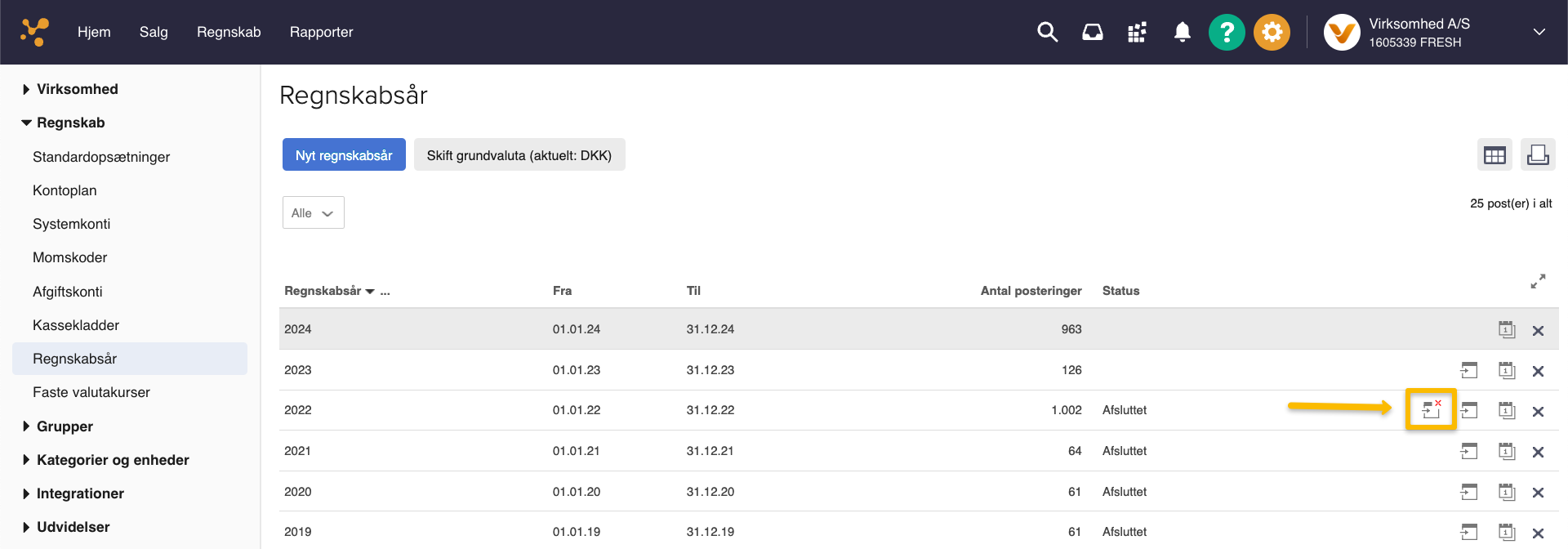 Viser Afslut-ikonet i Regnskabsår-oversigten – bruges til at afslutte et regnskabsår og overføre primoposteringer.