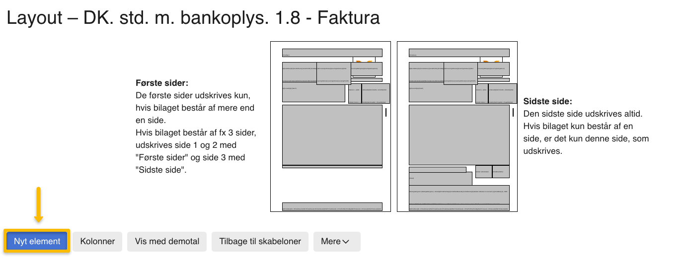 Viser knappen 'Nyt element' i skabelonlayout for faktura – bruges til at oprette nye elementer med PBS-information.