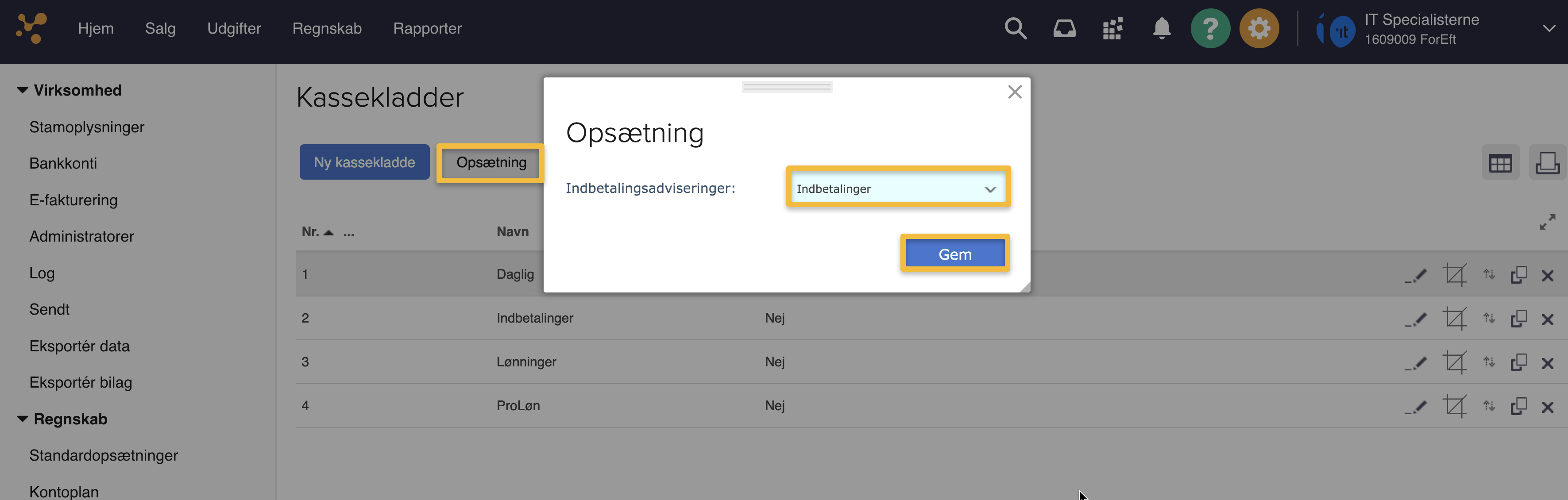 Viser valg af kassekladde i kassekladdeopsætningen – bruges til at vælge, hvilken kassekladde indbetalinger fra PBS/Nets skal overføres til.