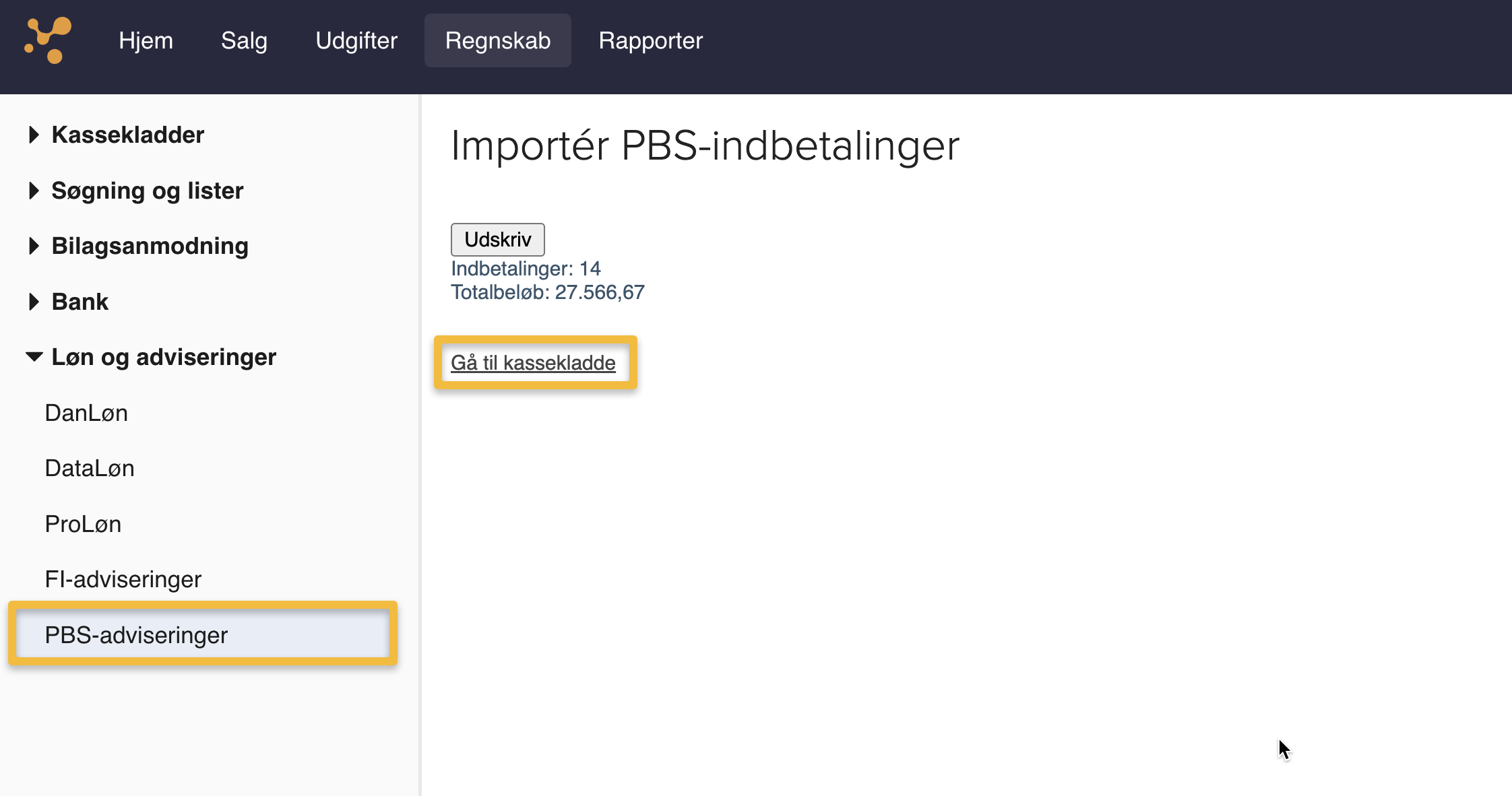 Viser en oversigt over importerede PBS-indbetalinger i PBS-adviseringer – bruges til at gå til kassekladden for at bogføre betalingerne.