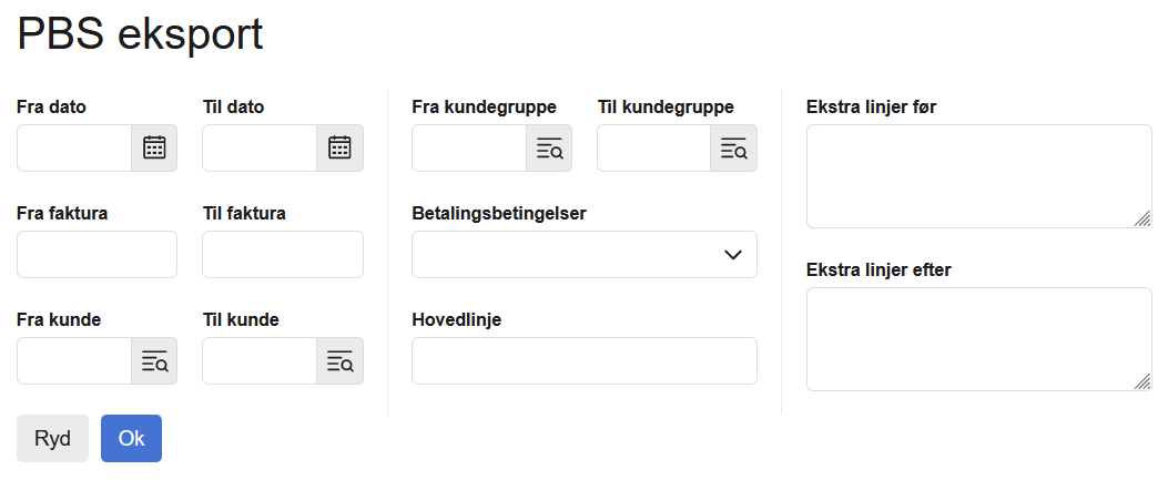 Viser dialogboksen til PBS eksport i Abonnement – bruges til at definere og afgrænse data til en PBS-fil