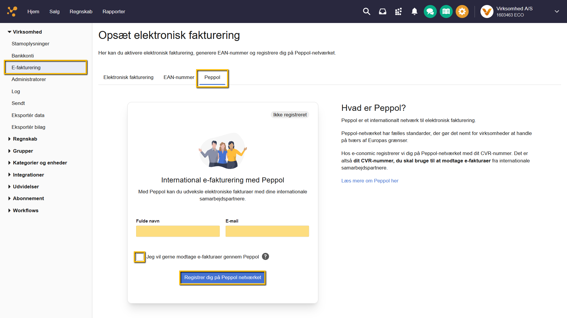 Viser Peppol-registreringen i E-fakturering – bruges til at registrere virksomheden på Peppol netværket.