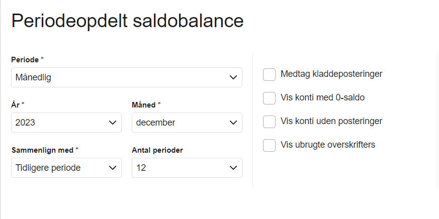 Viser indstillingsfelterne i rapporten Periodeopdelt saldobalance – bruges til at opsætte en månedsopdelt rapport, der sammenligner 12 måneder.