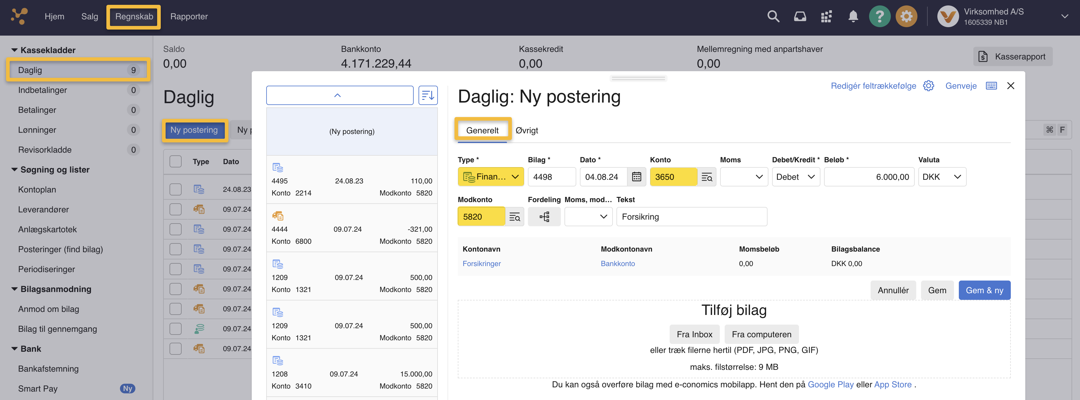 Viser oprettelse af et finansbilag i en kassekladde – bruges til at bogføre en udgift, der efterfølgende skal periodiseres.