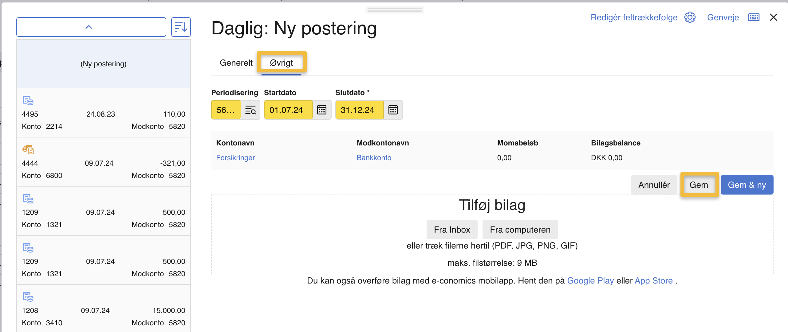 Viser fanen "Øvrigt" i en ny postering – bruges til at aktivere periodisering på en udgift.