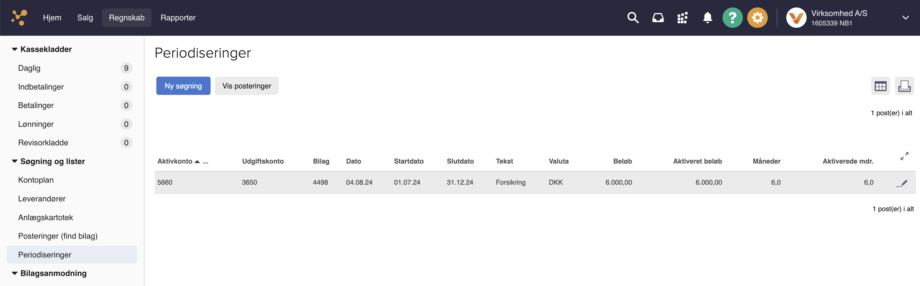 Viser oversigten over periodiseringer i menuen Søgning og lister – bruges til at finde og se detaljer for aktiverede periodiseringer.