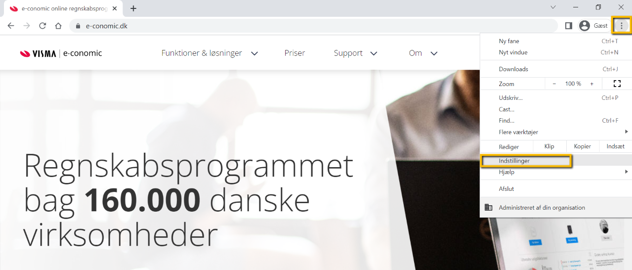 Viser menupunktet 'Indstillinger' i Google Chrome-browserens menu – bruges til at åbne indstillinger for at tillade pop op-vinduer.