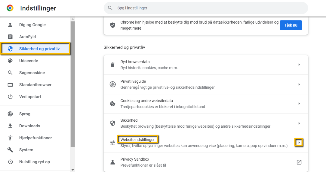 Viser menupunktet 'Websiteindstillinger' i Google Chromes indstillinger for 'Sikkerhed og privatliv' – bruges til at navigere til indstillinger for pop op-vinduer.