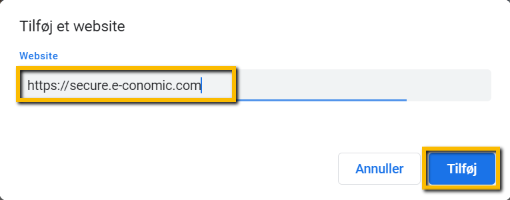 Viser indtastning af e-conomics webadresse i Google Chromes indstillinger – bruges til at tillade pop op-vinduer fra e-conomic.