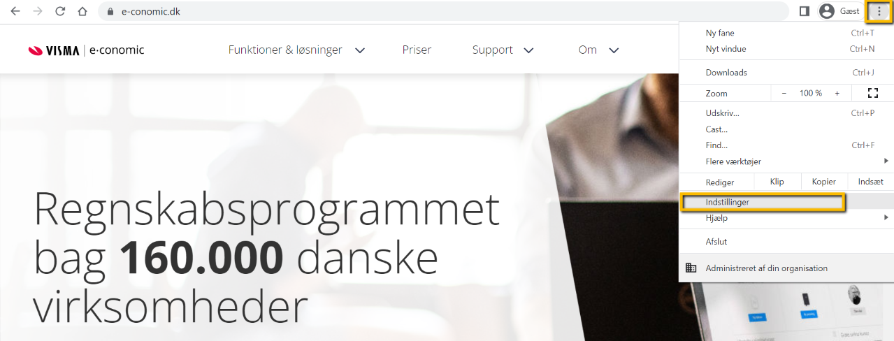 Viser menupunktet Indstillinger i Google Chrome-menuen – bruges til at åbne browserindstillinger for at tillade pop op-vinduer.